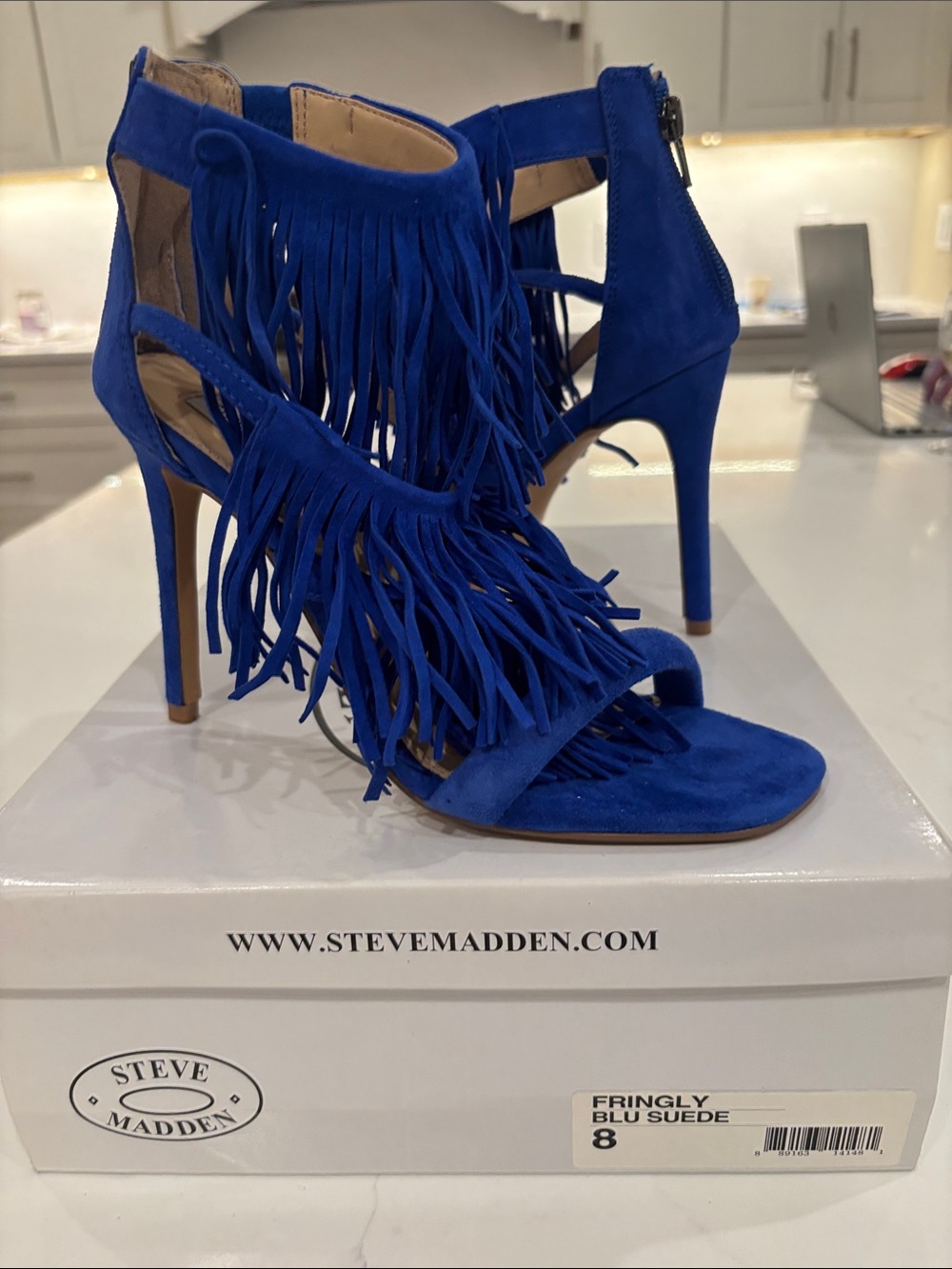 Steve Madden Blue Suede Fringe Stiletto Sandals
